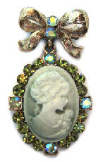 Green Crystal Victorian Cameo Brooch